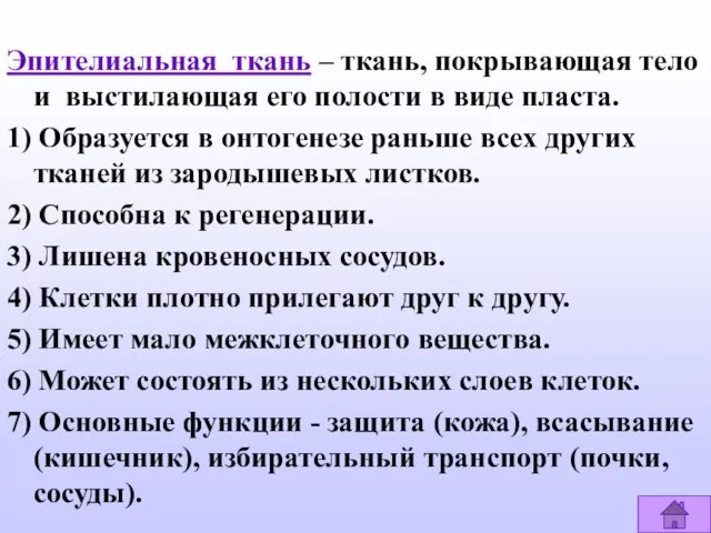 Эпителиальная ткань – ткань, покрывающая тело и выстилающая его полости в виде