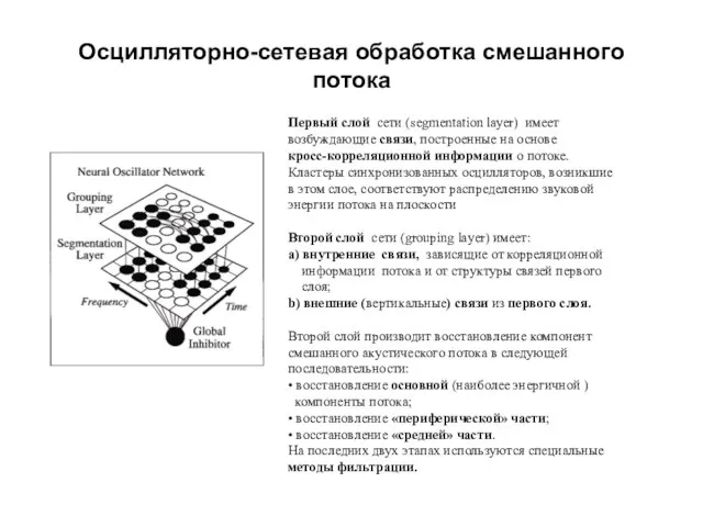 Осцилляторно-сетевая обработка смешанного потока Первый слой сети (segmentation layer) имеет возбуждающие связи,