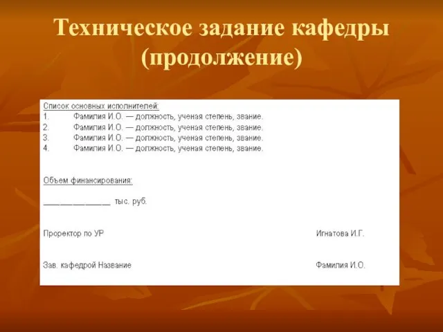 Техническое задание кафедры (продолжение)