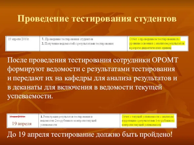 Проведение тестирования студентов После проведения тестирования сотрудники ОРОМТ формируют ведомости с результатами