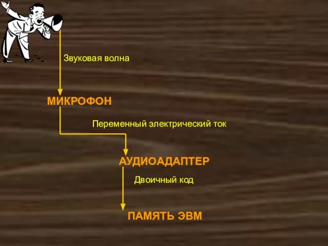 МИКРОФОН АУДИОАДАПТЕР ПАМЯТЬ ЭВМ Звуковая волна Переменный электрический ток Двоичный код