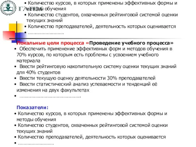 Локальные цели процесса «Проведение учебного процесса» Обеспечить применение эффективных форм и методов