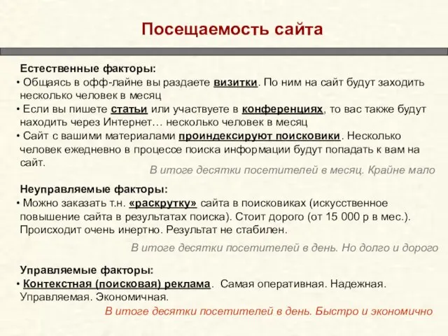 Посещаемость сайта Естественные факторы: Общаясь в офф-лайне вы раздаете визитки. По ним