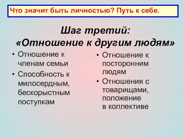 Шаг третий: «Отношение к другим людям» Отношение к членам семьи Способность к