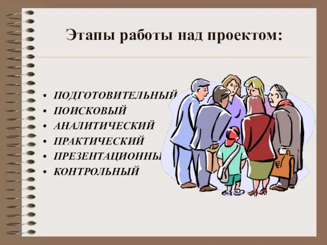 Этапы работы над проектом: ПОДГОТОВИТЕЛЬНЫЙ ПОИСКОВЫЙ АНАЛИТИЧЕСКИЙ ПРАКТИЧЕСКИЙ ПРЕЗЕНТАЦИОННЫЙ КОНТРОЛЬНЫЙ