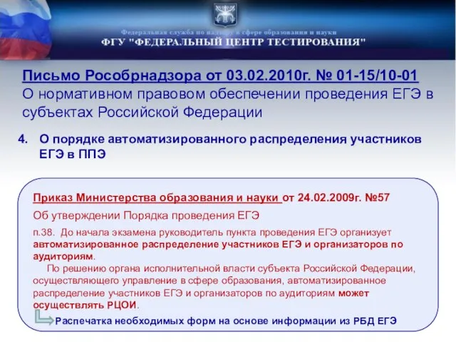 О порядке автоматизированного распределения участников ЕГЭ в ППЭ Письмо Рособрнадзора от 03.02.2010г.