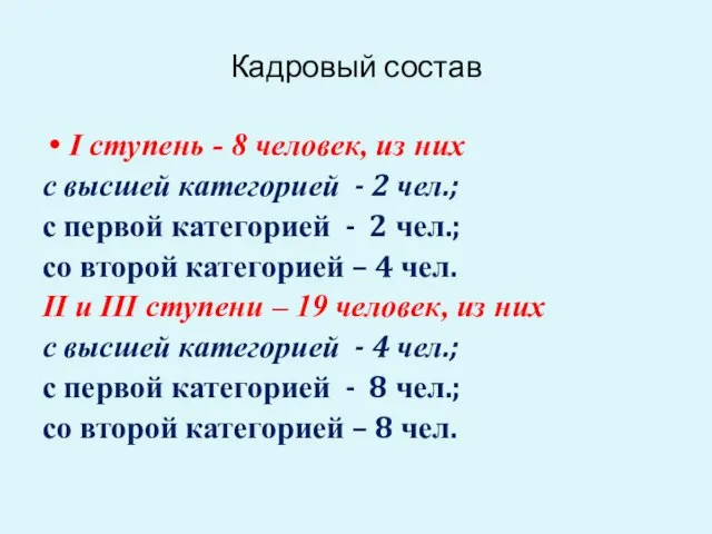 Кадровый состав I ступень - 8 человек, из них с высшей категорией