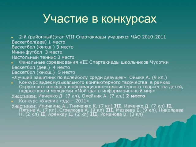 Участие в конкурсах 2-й (районный)этап VIII Спартакиады учащихся ЧАО 2010-2011 Баскетбол(дев) 1