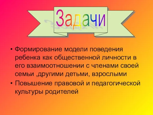 Задачи Формирование модели поведения ребенка как общественной личности в его взаимоотношении с