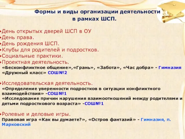 Формы и виды организации деятельности в рамках ШСП. День открытых дверей ШСП