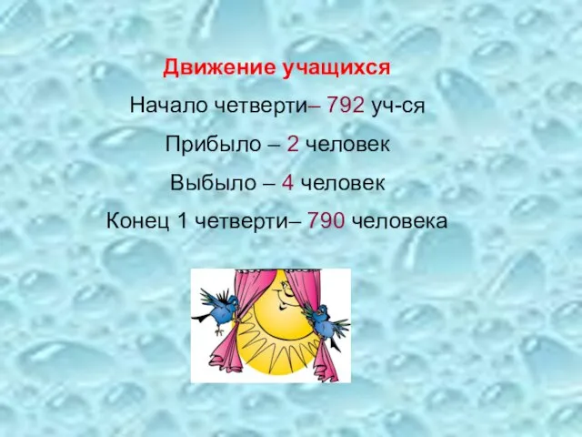 Движение учащихся Начало четверти– 792 уч-ся Прибыло – 2 человек Выбыло –