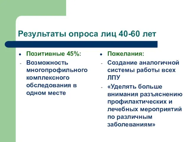 Результаты опроса лиц 40-60 лет Позитивные 45%: Возможность многопрофильного комплексного обследования в