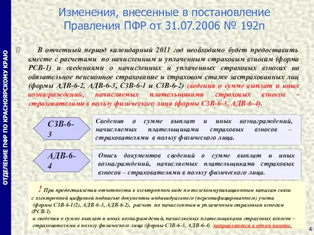 ОТДЕЛЕНИЕ ПФР ПО КРАСНОЯРСКОМУ КРАЮ В отчетный период календарный 2011 год необходимо