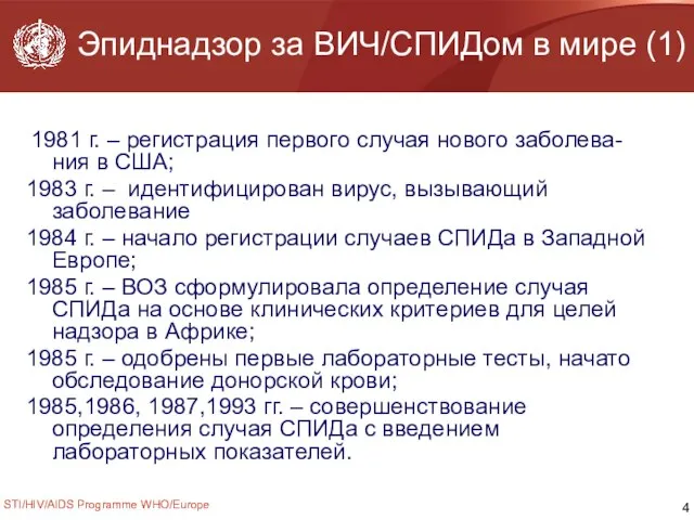 STI/HIV/AIDS Programme WHO/Europe Эпиднадзор за ВИЧ/СПИДом в мире (1) 1981 г. –