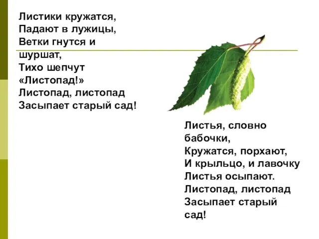 Листики кружатся, Падают в лужицы, Ветки гнутся и шуршат, Тихо шепчут «Листопад!»