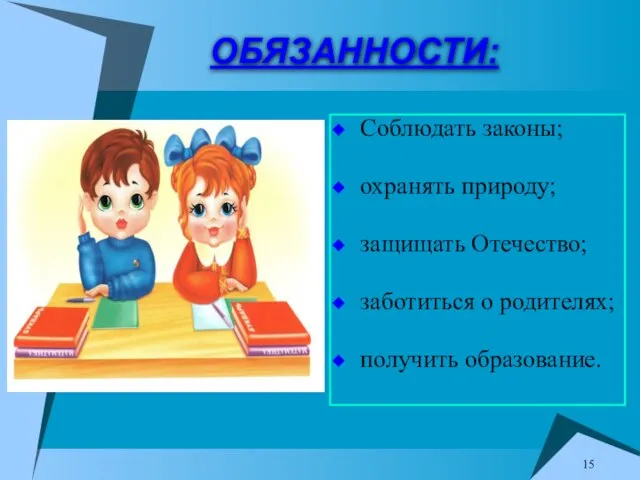 ОБЯЗАННОСТИ: Соблюдать законы; охранять природу; защищать Отечество; заботиться о родителях; получить образование.