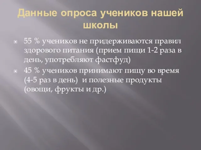 Данные опроса учеников нашей школы 55 % учеников не придерживаются правил здорового