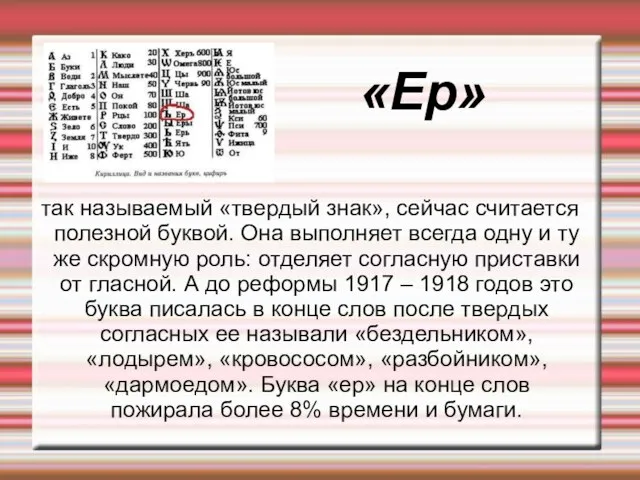 «Ер» так называемый «твердый знак», сейчас считается полезной буквой. Она выполняет всегда