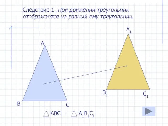 Следствие 1. При движении треугольник отображается на равный ему треугольник. А В