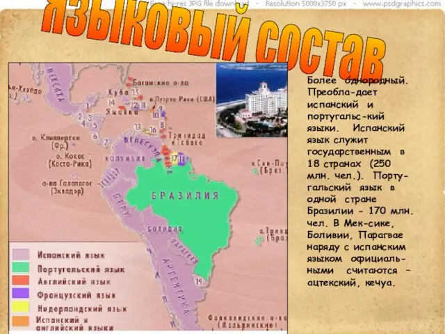 Языковый состав Более однородный. Преобла-дает испанский и португальс-кий языки. Испанский язык служит