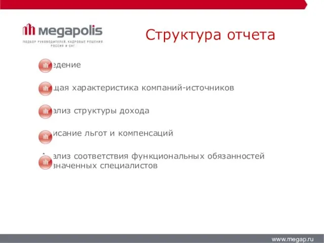 Структура отчета www.megap.ru Введение Общая характеристика компаний-источников Анализ структуры дохода Описание льгот