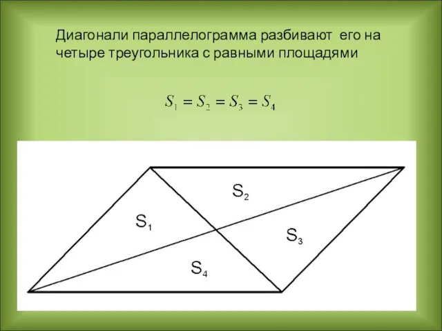 Диагонали параллелограмма разбивают его на четыре треугольника с равными площадями