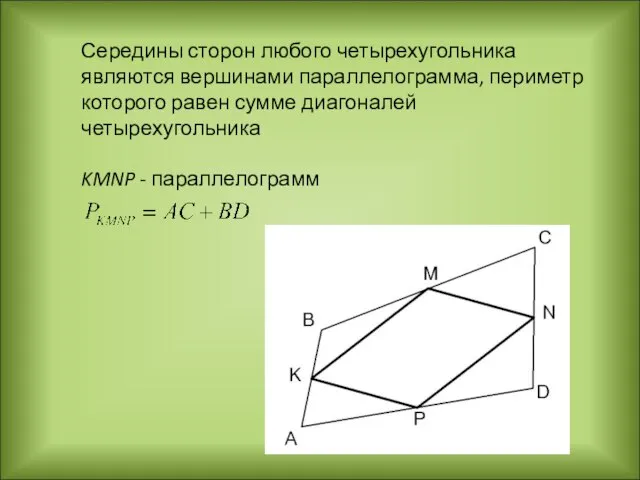Середины сторон любого четырехугольника являются вершинами параллелограмма, периметр которого равен сумме диагоналей четырехугольника KMNP - параллелограмм