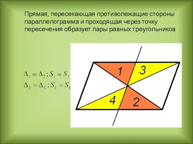 Прямая, пересекающая противолежащие стороны параллелограмма и проходящая через точку пересечения образует пары равных треугольников