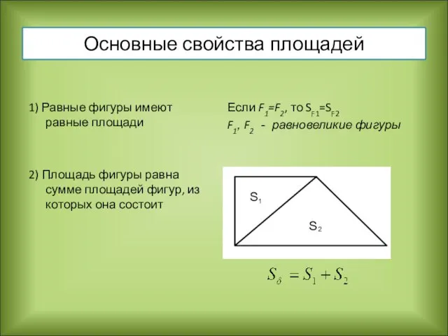 Основные свойства площадей 1) Равные фигуры имеют равные площади 2) Площадь фигуры