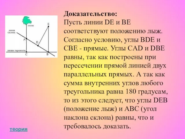 Доказательство: Пусть линии DE и BE соответствуют положению лыж. Согласно условию, углы