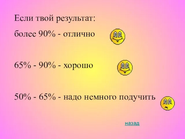 Если твой результат: более 90% - отлично 65% - 90% - хорошо