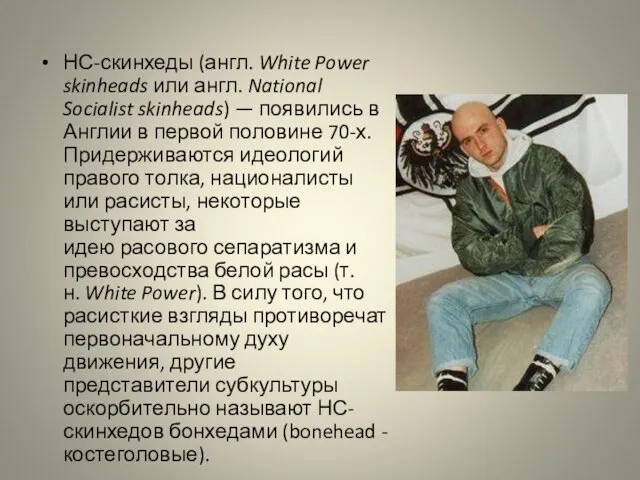 НС-скинхеды (англ. White Power skinheads или англ. National Socialist skinheads) — появились