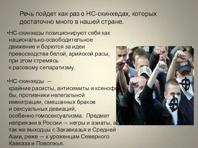 Речь пойдет как раз о НС-скинхедах, которых достаточно много в нашей стране.