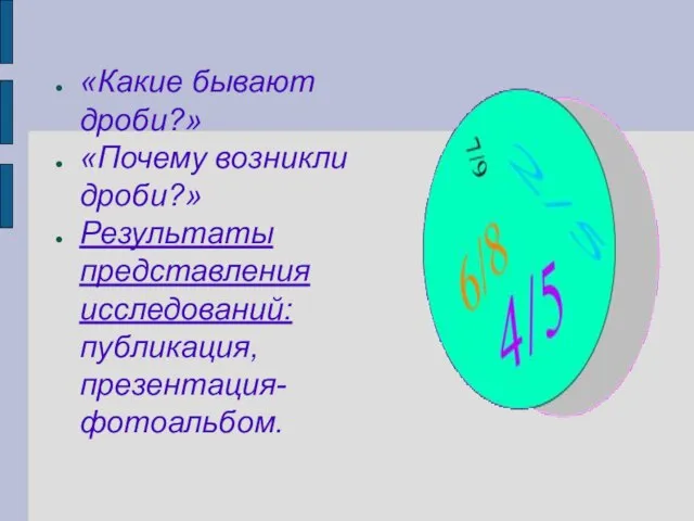 «Какие бывают дроби?» «Почему возникли дроби?» Результаты представления исследований: публикация, презентация- фотоальбом.