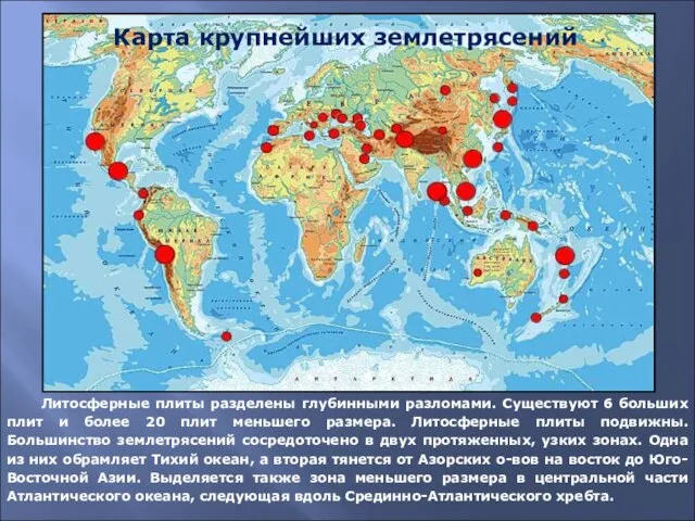 Литосферные плиты разделены глубинными разломами. Существуют 6 больших плит и более 20