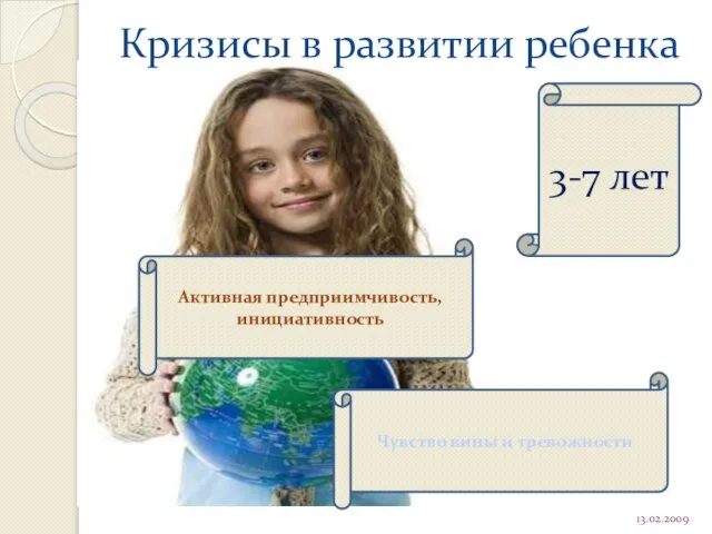 Кризисы в развитии ребенка 13.02.2009 3-7 лет Активная предприимчивость, инициативность Чувство вины и тревожности