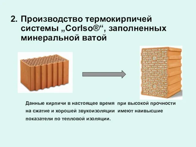 Производство термокирпичей системы „Corlso®“, заполненных минеральной ватой Данные кирпичи в настоящее время