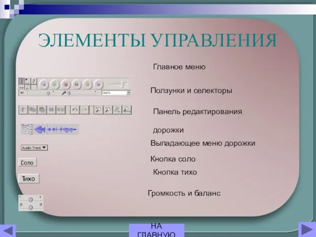 ЭЛЕМЕНТЫ УПРАВЛЕНИЯ Главное меню Ползунки и селекторы Панель редактирования дорожки Выпадающее меню