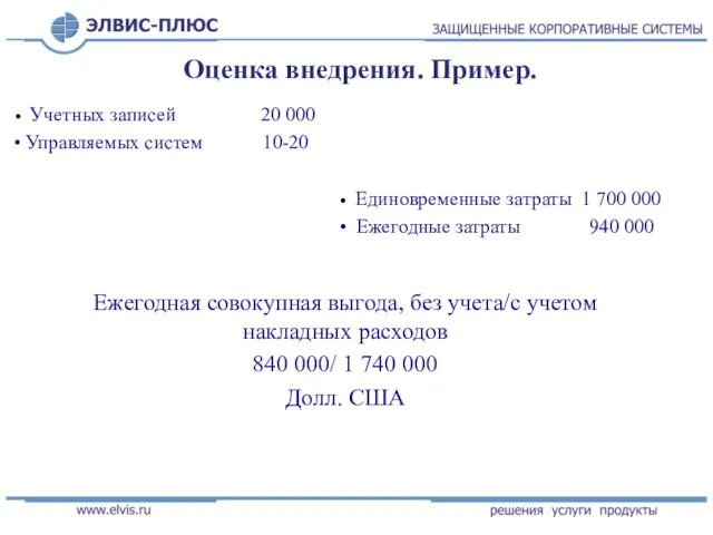 Оценка внедрения. Пример. Учетных записей 20 000 Управляемых систем 10-20 Единовременные затраты