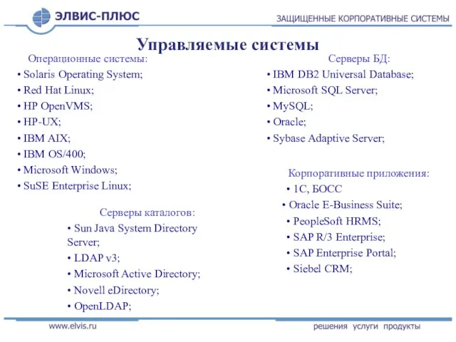 Управляемые системы Операционные системы: • Solaris Operating System; • Red Hat Linux;