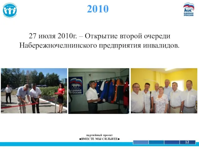 1 12 27 июля 2010г. – Открытие второй очереди Набережночелнинского предприятия инвалидов.
