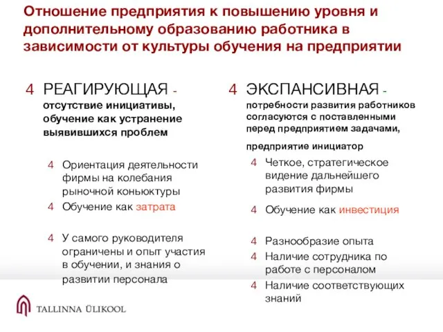 Отношение предприятия к повышению уровня и дополнительному образованию работника в зависимости от