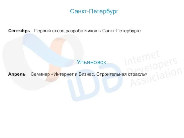 Сентябрь Первый съезд разработчиков в Санкт-Петербурге Санкт-Петербург Апрель Семинар «Интернет и Бизнес. Строительная отрасль» Ульяновск