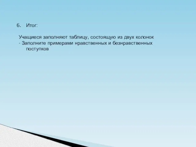 Итог: Учащиеся заполняют таблицу, состоящую из двух колонок - Заполните примерами нравственных и безнравственных поступков