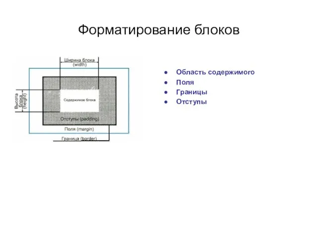 Форматирование блоков Область содержимого Поля Границы Отступы