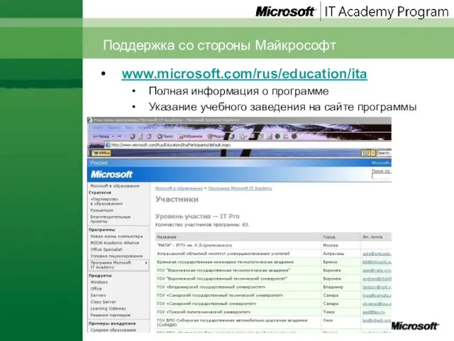 www.microsoft.com/rus/education/ita Полная информация о программе Указание учебного заведения на сайте программы Поддержка со стороны Майкрософт