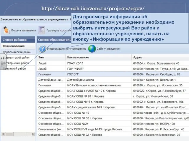 http://kirov-sch.iicavers.ru/projects/egov/ Для просмотра информации об образовательном учреждении необходимо выбрать интересующий Вас район