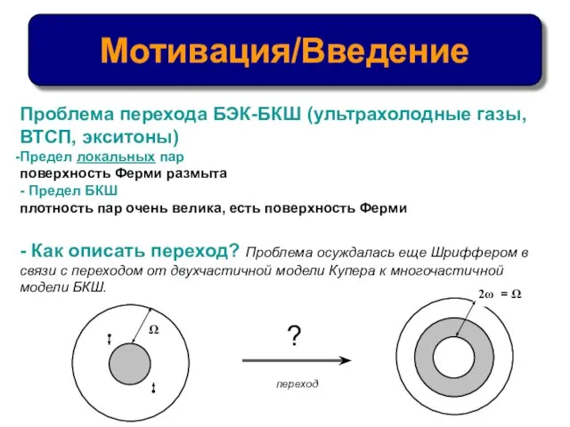 Мотивация/Введение Проблема перехода БЭК-БКШ (ультрахолодные газы, ВТСП, экситоны) Предел локальных пар поверхность