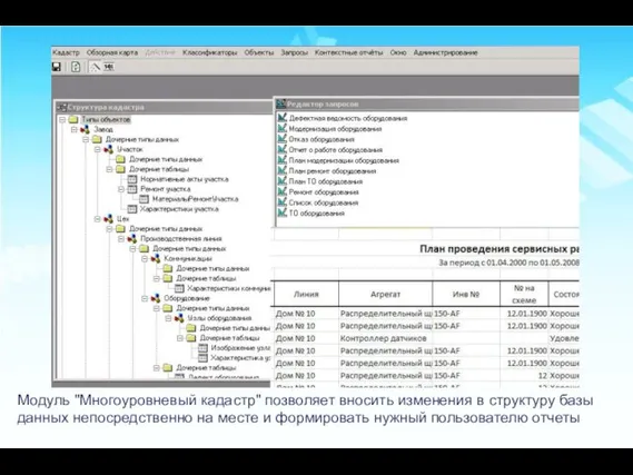 Модуль "Многоуровневый кадастр" позволяет вносить изменения в структуру базы данных непосредственно на