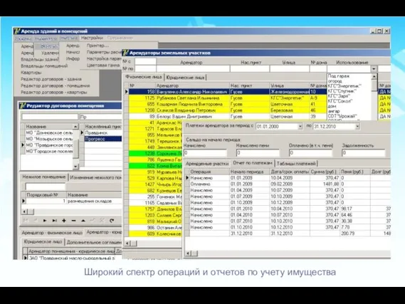 Широкий спектр операций и отчетов по учету имущества